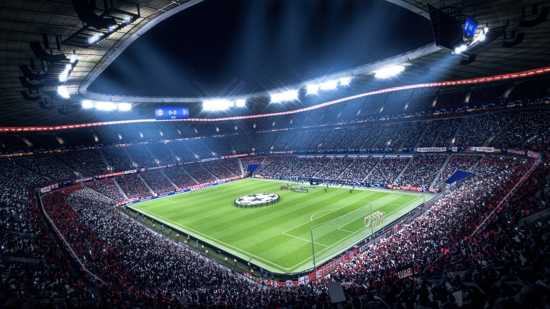 EA FC Champions League match at the Allianz Arena with packed crowd and stadium lights
