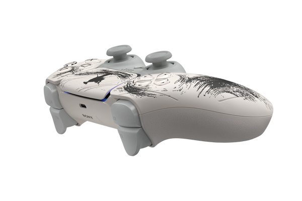PS5 DualSense Custom Ink Art Edition Controller - side view showing black ink brushstroke design on white shell